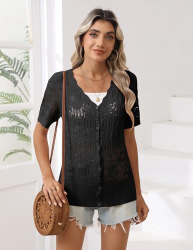 Zeagoo Women's Short Sleeve Summer Cardigan V-Neck Button up Lightweight Hollow Out Sweater Cardigans Shrug3