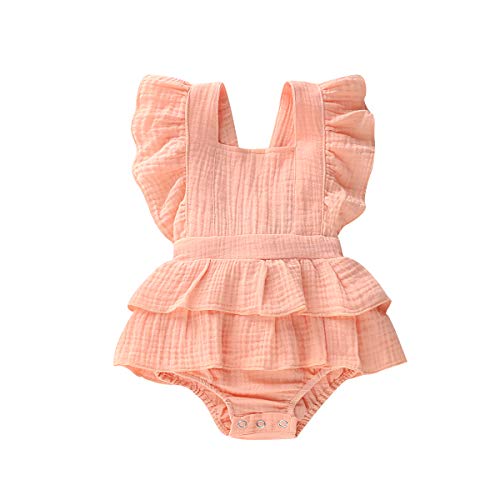 Image of Bowanadacles Newborn Baby Girl Romper Jumpsuit Cotton Linen Sleeveless Ruffled Bodysuit Infant Summer Clothes Outfits (90(6-12M), Pink 4)