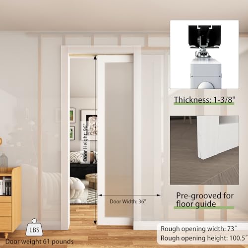 Image of JUBEST 72 inchx96 inch Double Pocket Door, 2 Set of 36 x96 1-Panel Frosted Glass Sliding Pocket Door