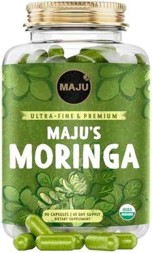 Maju Superfoods Organic Moringa Capsules, Oleifera Leaf, Extra-Fine Quality Moringa Leaves, Dried Drumstick Tree Leaves, Organic Moringa Powder Extract Supplement Capsules from Plant (90 ct)