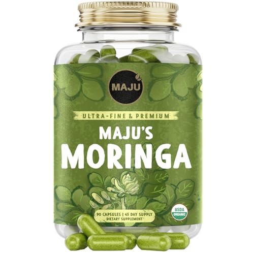 Image of Maju Superfoods Organic Moringa Capsules, Oleifera Leaf, Extra-Fine Quality Moringa Leaves, Dried Drumstick Tree Leaves, Organic Moringa Powder Extract Supplement Capsules from Plant (90 ct)