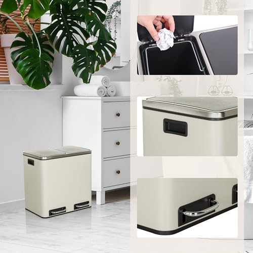Miniatura 2 de Hjh Office Cubo De Basura 2x15l Clean Ix Sistema De Separación De Residuos Con 2 Compartimentos, Cubo De Basura De Pedal Con Cierre Suave, Metal Beige
