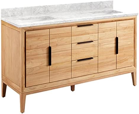 Signature Hardware 476322 Aliso 60" Free Standing Double Vanity Cabinet Set with Teak Cabinet, Vanity Top and Rectangular Undermount Sinks - No Faucet Holes - Natural Teak/Carrara Marble
