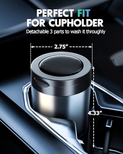Image of Ashtray with Lid, Smellproof & Smokeproof Cup Holder Ashtray, Detachable Aluminum Alloy Car Ash Tray with Automotic Light for Car Home Office Outside