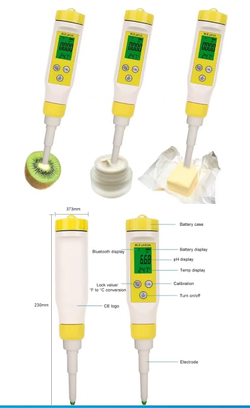 BLE-PH03A pH meter measuring pH in kiwi, cream, and butter