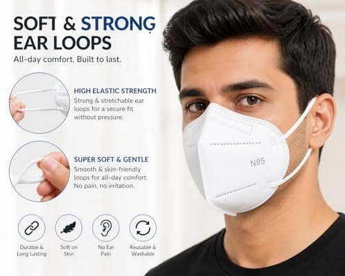 Image of N95 Face Mask Pack of 100 for Men & Women | 5 Layer Reusable Washable Anti Pollution Mask | PM2.5 Dust Smoke Allergy Protection | Soft Ear Loops & Adjustable Nose Clip | White