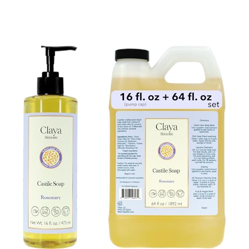 Image of Claya Rosemary Liquid Castile Soap - Organic Ingredients, Biodegradable, Herbal Fresh Scent, Gentle for Skin and Versatile Cleaning (16 fl oz (Pump Cap) and 64 fl oz)
