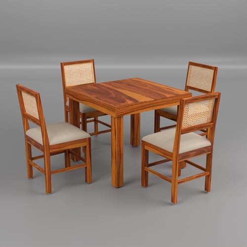 Image of Solid Sheesham Wood 4 Seater Dining Table Set with Cushioned Chairs for Dining Room | Living Room | Home & Office | Hotels Restaurant & Cafe (4 Seater, Honey Finish)