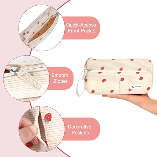 Image of FINPAC Pencil Case, Corduroy Triangle Makeup Bag, Kawaii Pen Bag Pouch Holder Box Organize for Study, Office, or Travel, Strawberry
