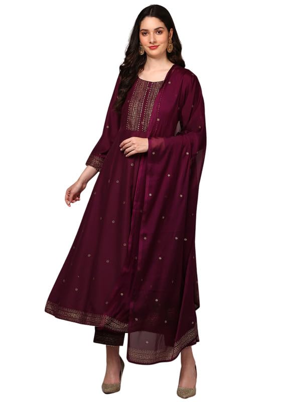 Image of Vaamsi Women's Silk Blend Solid Anarkali Kurta Pant With Dupatta