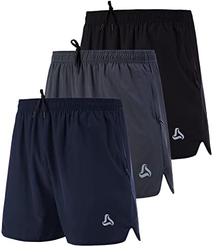 SILKWORLD Men's Running Stretch Quick Dry Shorts with Zipper Pockets(Pack of 3), Black, Deep Navy, Deep Grey, Medium