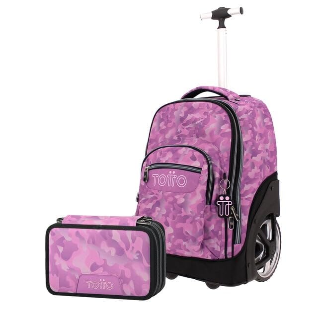 TOTTO Pack Escolar X2 Mochila Escolar Papel de Ruedas + Estuche Escolar Pluma de 3 Compartimentos, Mochila de 33 L con Organizador, para Material Escolar, Estampado Camuflaje Rosa