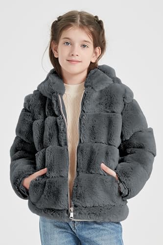 Image of Giolshon Girls Faux Fur Fleece Jacket Sherpa Fuzzy Hoodie Winter Coat with Full Zip Fluffy Outerwear 2169