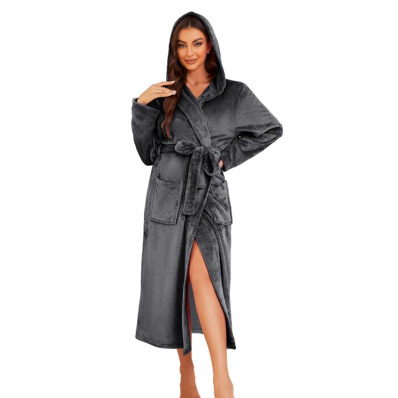 Image of Womens Long Hooded Fleece Robe, Soft Warm Spa Bathrobe for Cozy Lightweight Loungewear