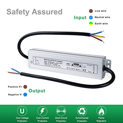 REYLAX LED Driver 24V 30W, IP67 Waterproof Outdoor Lighting Transformer, 1.25A Constant Voltage Power Supply, 100-260V AC to 24V DC Transformer for Garden LED Strip Lights and Shed Light