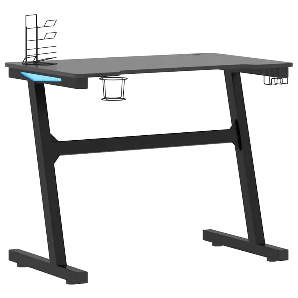 Bureau de jeu avec éclairage LED, cadre en Z, noir, 90 x 60 x 75 cm, bureau d'ordinateur avec support pour casque, design ergonomique pour gamer