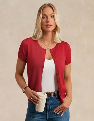 Image of GRACE KARIN Women Short Sleeve Cardigan, 2026 Summer Knitted Sweater Tops, Basic Crew Neck Crop Outfits