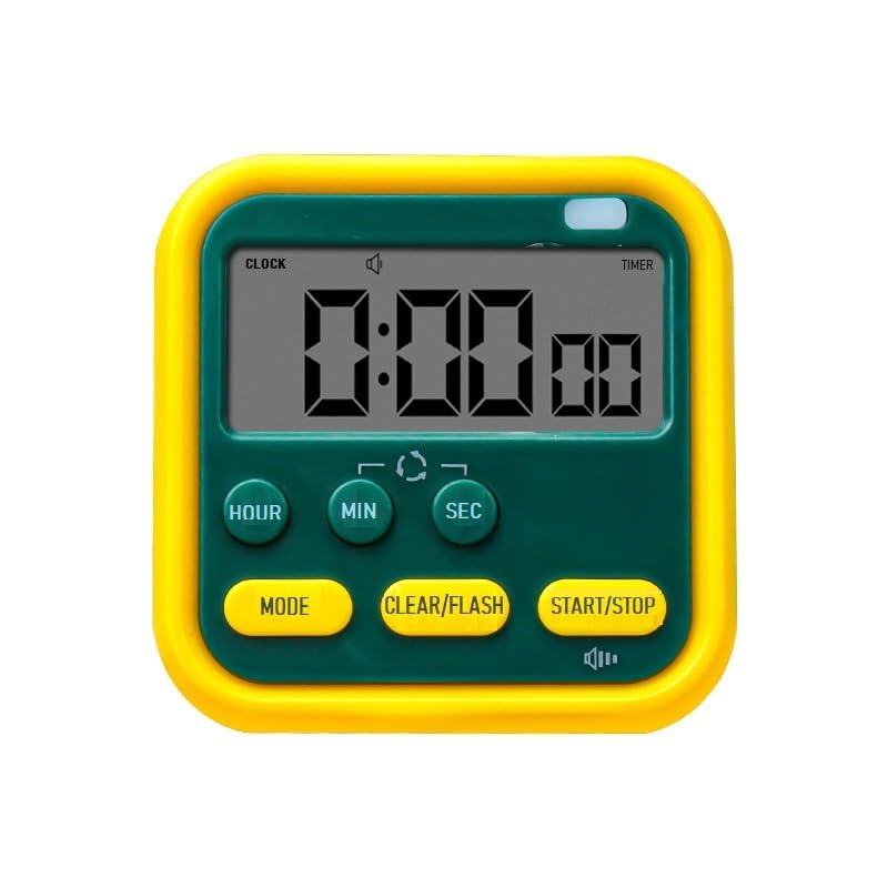 Digital Magnetic Timer Clock, Multi-Function LCD Display Stopwatch with Loud Alarm, Flashing Light, Countdown, Silent Mode & Stand for Study, Kitchen & Office Use (Yellow+Green Kitchen Timer)-image-21