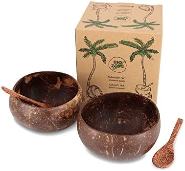 GREENBOX Juego de 2 cuencos de coco con cucharas, I Jumbo Bowl I 700 – 800 ml, 100% hecho a mano, reutilizable, biodegradable, cuenco de cáscara de coco con aceite de coco pulido