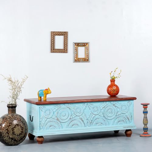 Image of Revia Wooden Trunk Box for Storage | Solid Wood Coffee Table for Living Room | Handcrafted Center Tea Table with Sandook Storage for Living Room | Pitara for Home and Bedroom (Blue Distress)