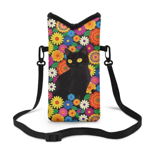 Image of Small Crossbody Bag for Women Waterproof Cell Phone Case Neoprene Mobile Phone Protection Bag Mini Satchel for Travel, Beach, Casual, Black Cat Colorful Daisy Flower