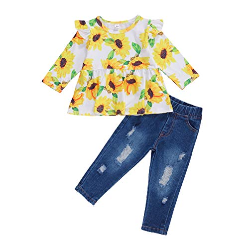 chaochao 2 PCS Ensemble Bébé Enfant Fille Top Manches Longues Imprimé Tournesols + Jean Déchiré (Tournesol, 18-24 Mois) Cover