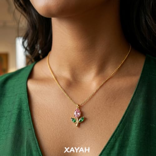 Image of Pink and Green Mini Tulip Pendant Necklace for Women with Pink Crystal, Floral Charm Chain Stainless Steel Anti Tarnish Waterproof Hypoallergenic, Gift for Her