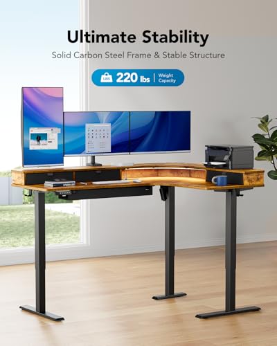 Image of HUANUO 65″ L Shaped Standing Desk with 3 Drawers, Vintage Brown | Built-in Power Outlets, LED Strip, Smooth Electric Height Adjustment, 4 Memory Presets, 220 lbs Capacity, Power Strip Holder