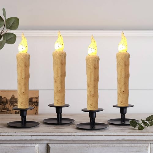 Image of Retro Khaki Flameless Short Taper Candles, Real Wax Hand Dipped LED Battery Operated with Remote, Flickering Flame Lights for Festival Home Decor, 6.7 Inch Primitive Flameless Candles, 4PCS