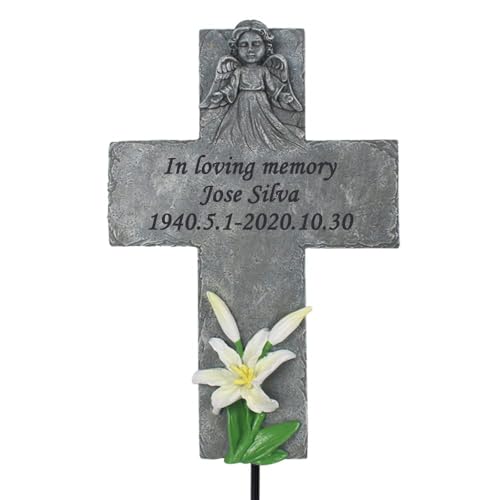 CUDMORERBE Cross Memorial Stones with Angel for Loved Ones Lost, Personalized Memory Cross Stones Tombstones Engraved with Any Message, Sympathy Memorial Gifts for Loss of Loved Ones, Resin