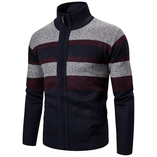 Men's Full Zip Striped Sweater Knit Stand Collar Zipper Long Sleeve Cardigan Tall Big Casual Knitwear Pockets Cardigans (Navy Blue,3X-Large)