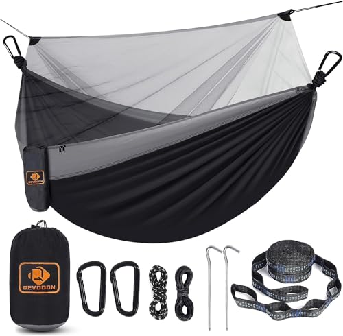 Image of Camping Hammock with Net,Portable Lightweight Double Hammocks with Tree Straps and Solid D-Shape Carabiners,Parachute Nylon Hammock for Backpacking Beach Backyard Patio Hiking Black&Grey