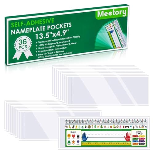 Meetory 36 Pieces 13.5” x 4.9” Upgraded Clear Nameplate Pocket Self-Adhesive Desk Name Tag- Covers for School Classroom Desk, Office Supplies（NOT Include Name Tags）