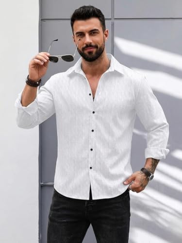 Image of DEELMO Men's Regular Fit Button Down Dress Shirts Textured Long Sleeve Casual Hawaiian Shirt