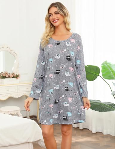 ENJOYNIGHT Chemise de Nuit Femme à Manches Longues Coton Robe de Nuit Imprimé Vêtements de Nuit (X-Large,Hibou Gris) – vue 2