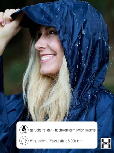 HOCK Regenponcho Extra Lang mit Kapuze – 100% Wasserdicht – Leichter Regenmantel Wandern für Damen & Herren (blau, L/XL)