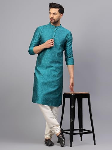 Image of LATEST CHIKAN Men's Silk Chikankari Kurta with Cream Churidar | Festive Set - KP Silk BANARSI