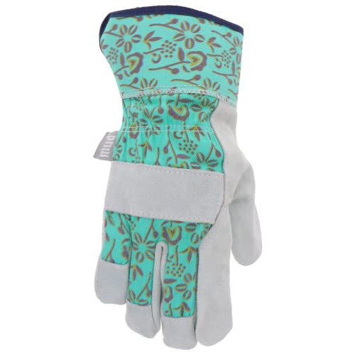 Mud Classic Split Leather Cowhide Palm And Knuckle Strap Work Gloves, Teal Floral Pattern, Cotton Backing, Tear Resistant, Safety Cuff, Blue, Medium/Large (Md71002Tf-Wml) #TOP1