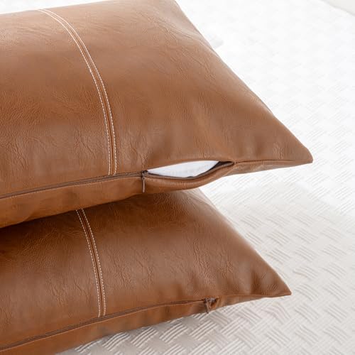 Image of Fancy Homi Brown Boho Long Lumbar Faux Leather Body Decorative Throw Pillow Cover 14x36 Inch for Bedroom Couch Bed Sofa Bench, Hand Stitched Stylish Pillowcase, Rustic Modern Farmhouse Room Decor