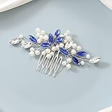 Latious Crystal Bride Wedding Hair Comb Silver Pearl Bridal Hair Clip Blue Rhinestone Hair Piece Gem