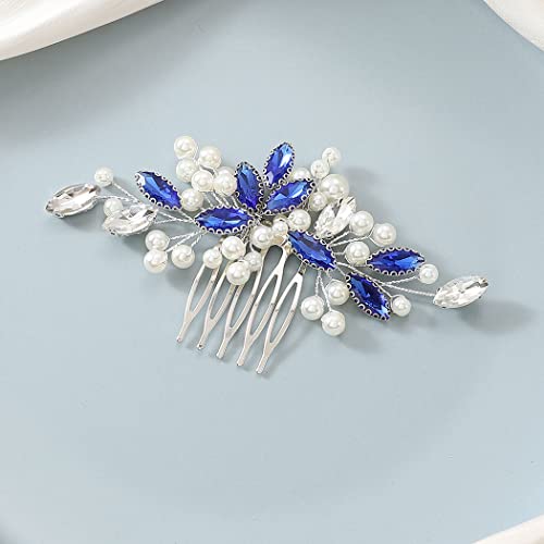 Latious Crystal Bride Wedding Hair Comb Silver Pearl Bridal Hair Clip Blue Rhinestone Hair Piece Gem Hair Accessories For Women And Girls #TOP14