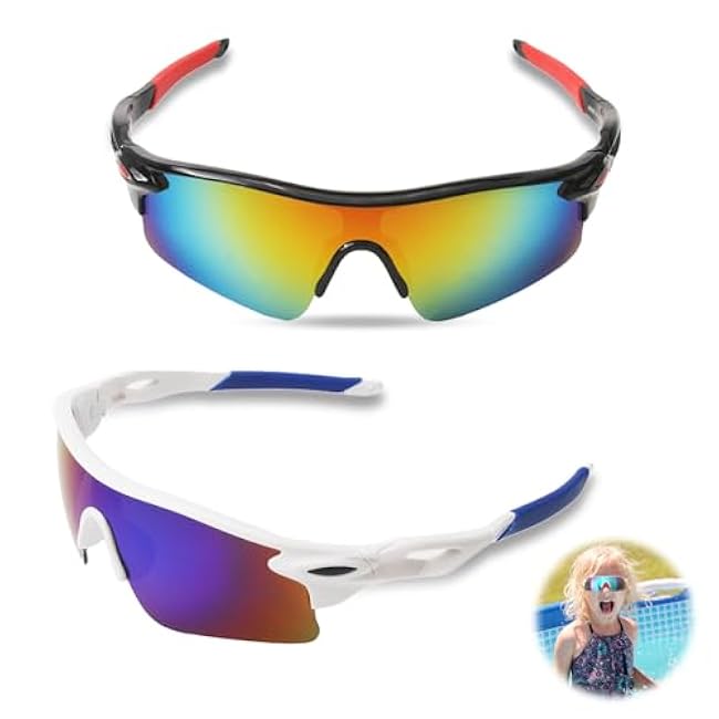 Kids Sunglasses Youth Baseball Sun Glasses for 5-12 Boys Girls, UV400 Protection Sports Sunglasses for Baseball Fishing Running Cycling Golf Driving Trekking (2PCS)