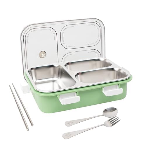 Image of Storescent Lunch Box with Compartment, Leak-Proof BPA Free Stainless Steel for School, Lunch Box for School & Office with a Fork, a Spoon and a Pair of Chopsticks (Green, 3 Compartment)