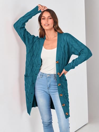 Image of PRETTYGARDEN Long Sleeve Cable Knit Long Cardigan for Women 2026 Spring Winter Chunky Open Front Button Sweaters with Pockets