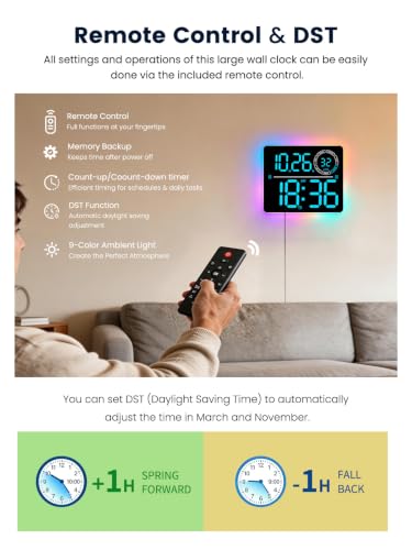 Image of Digital Wall Clock, Digital Clock Large Display with Remote Control, Auto-Dimming Wall Clock with 9 RGB Night Light, Temp & Current Week Number for Seniors, Classroom, Office, Living Room, Bedroom