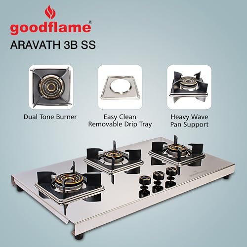 Image of goodflame Aravath 3 Burner Stainless Steel Gas Stove for Kitchen | Heavy 2MM SS Body | Brass Burners | 2 Year Warranty | ISI Certified | Manual Ignition | LPG Ready and PNG Compatible, (Silver)
