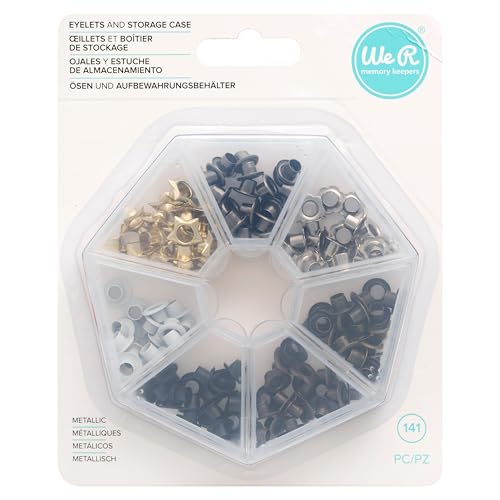We R Memory Keepers 0633356603856 Almacenamiento Crop-A-Dile-Ojales y estuche metálico (141 piezas)