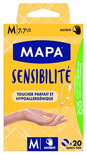 Mapa - Sensibilité - Gants Fins en Vinyle Non Poudrés - Recyclables avec TerraCycle - Hypoallergéniques - 1 boîte de 20 gants - Taille M, Ecru