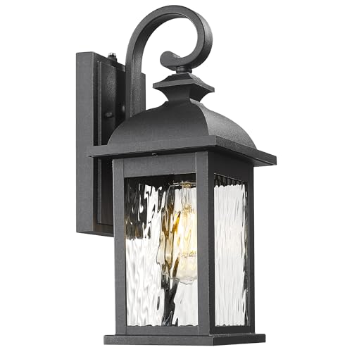 Image of FEMILA Dusk to Dawn Exterior Wall Sconce, 15 inch Front Porch Light Fixtures Wall Mount for Patio, Garage, Garden, UL Listed, Matte Black Water Ripple Glass, 4FD54B-PC BK-WP