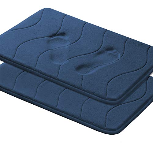 Flamingo P Microfiber Memory Foam Fieldcrest Luxury Bath Rugs Ultra Soft Floor Mats Tufted Bath Rug Non-Slip Backing Microfiber Door Mat, 17-Inch by 24-Inch, Navy Waved Pattern, Two Pieces
